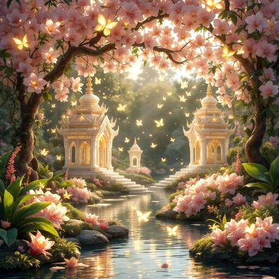 The primary subject of the image is a beautifully illustrated scene featuring a waterfall with a bridge and a temple in the background. The setting is a lush, colorful garden with a pond and a tree. The visual style is a combination of digital art and illustration, creating a vibrant and imaginative atmosphere. The colors and mood are predominantly pink and white, giving the scene a serene and enchanting feel.